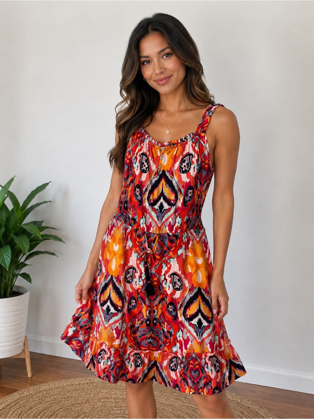 Tribal Multicolor Sleeveless Midi Dress with Drawstring Waist